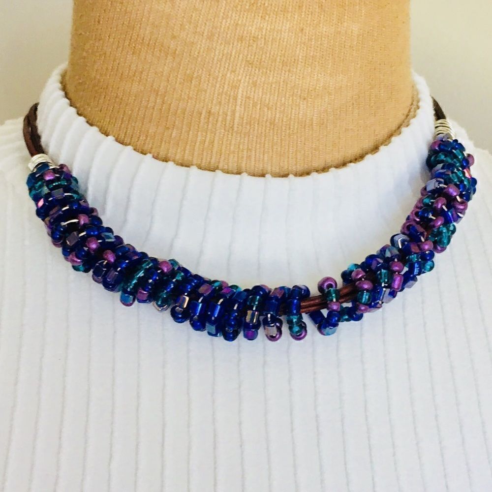 Stunning Vintage Beaded Boho Blue leather fish hook Chocker 4502 - Picture 2 of 5